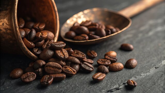 Rich roasted coffee beans poured from a rustic copper scoop