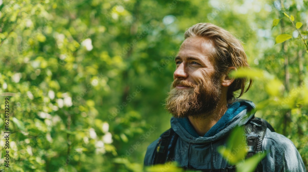 Poster a man with a beard is smiling while exploring a vibrant green forest. sunlight filters through the l