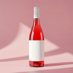 Pink Rose Wine Bottle With Blank Label on Pink Background