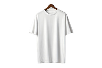 A plain white t shirt hanging on a wooden hanger against a white background view