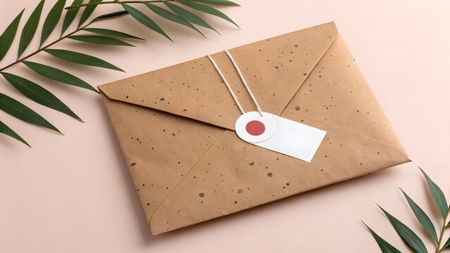 Brown paper package tied with string and blank tag with green leaves