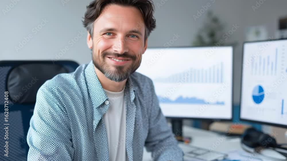 Poster A man is sitting at a desk with two computer monitors in front of him. He is smiling and he is happy