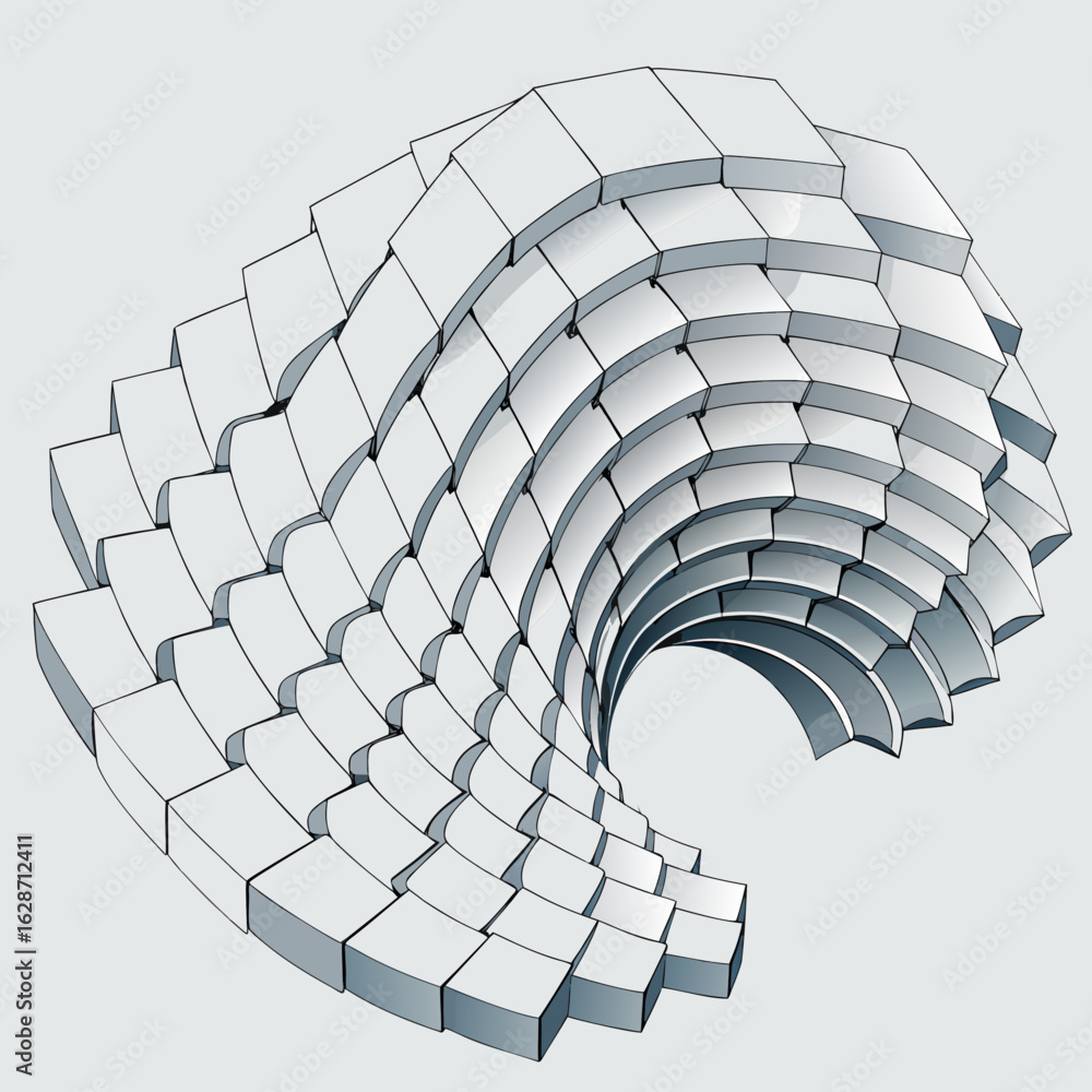 Poster abstract geometric sculpture with layered curved elements and a central opening isolated on white ba