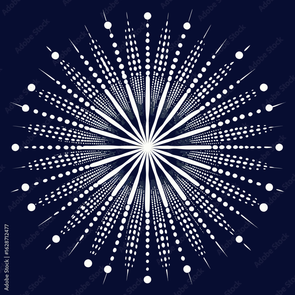 Poster abstract radial burst of white dots and lines creating a starburst pattern on a dark blue background
