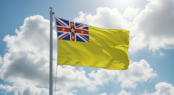 Niue National Flag Waving on Tall Flagpole in Sky with Clouds – Morocco Independence Day Celebration, Patriotism, Freedom, Morocco Culture & Heritage