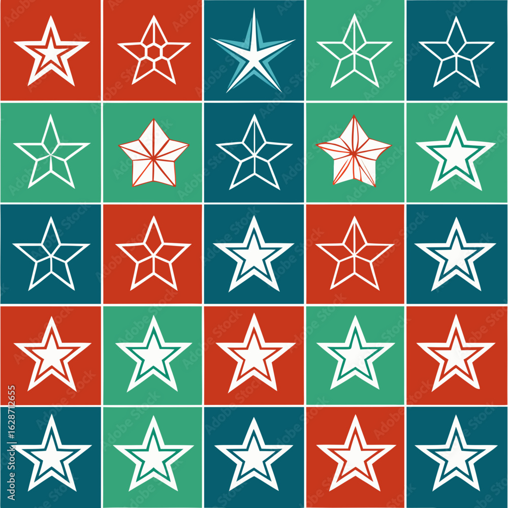 Poster a repeating pattern of various star shapes in red green and blue squares isolated on white backgroun
