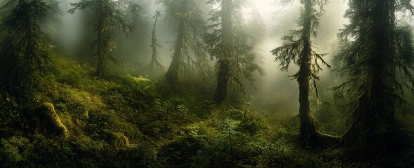 Mt Fromme in North Vancouver, British Columbia, Canada, is shrouded in fog, revealing a dark and gloomy forest