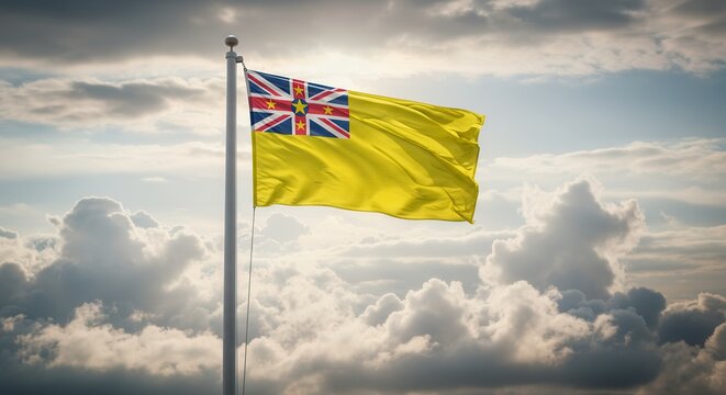 Niue National Flag Waving on Tall Flagpole in Sky with Clouds – Niue Independence Day Celebration, Patriotism, Freedom, Niue Culture & Heritage