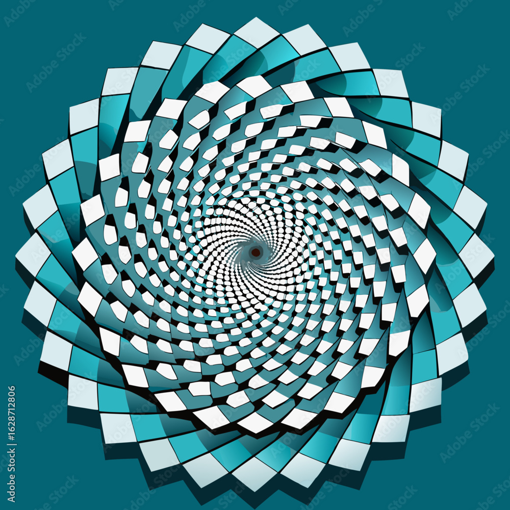 Poster abstract geometric spiral vortex with teal and white checkered pattern creating a hypnotic optical i
