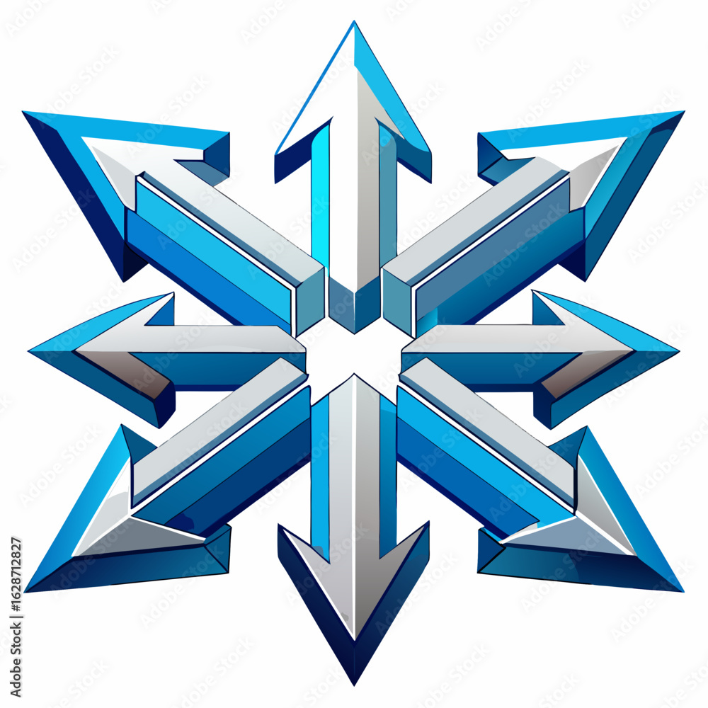 Poster Eight directional arrows arranged in a starburst pattern with a modern 3d metallic blue and silver design isolated on white background isolated on transparent background silhouette