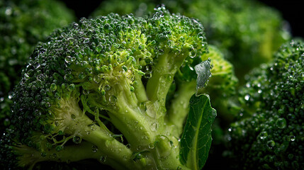 Close up of fresh green broccoli florets covered in water droplets with a dark background and leaves