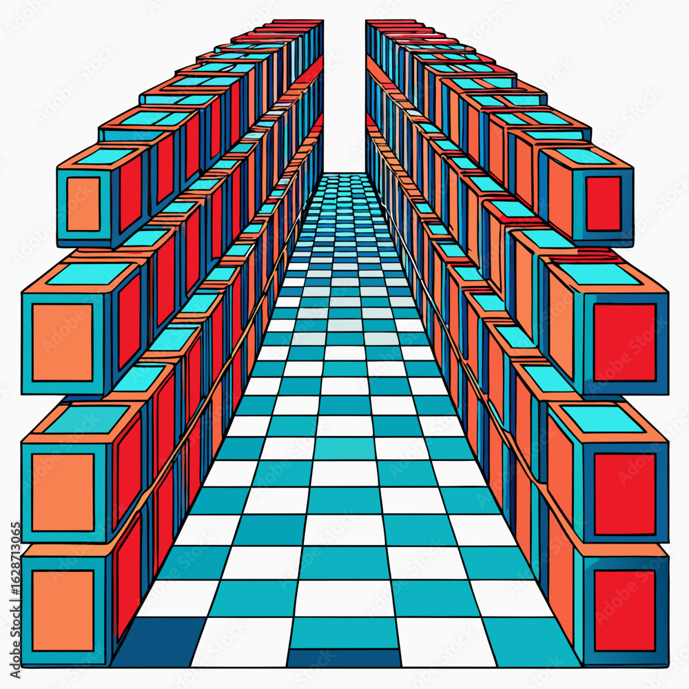 Poster abstract geometric corridor with repeating cube shapes and checkered floor pattern isolated on white