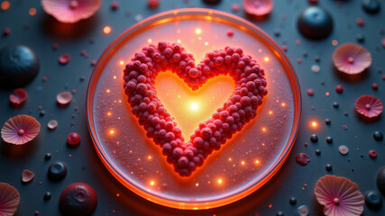 Heart-shaped bacterial colony in petri dish with romantic scientific concept