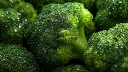 A close up view of fresh green broccoli florets covered in water droplets in a dark setting