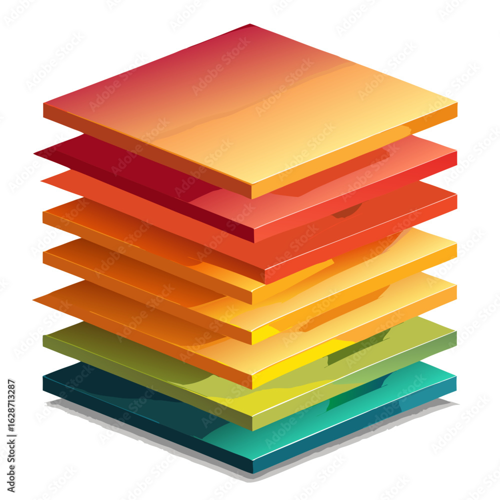 Poster stacked layers of glossy colorful squares in isometric view isolated on white background isolated on