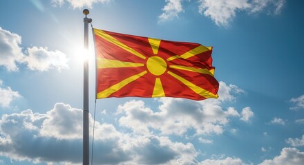 Macedonia National Flag Waving on Tall Flagpole in Sky with Clouds – Macedonia Independence Day Celebration, Patriotism, Freedom, Macedonia Culture & Heritage