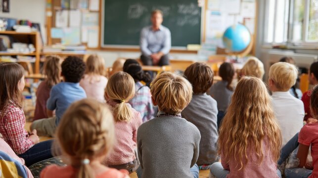 education elementary school learning and people concept group of school kids sitting and listening to teacher in classroom from back no logos no brands ar 169 - Powered by Adobe