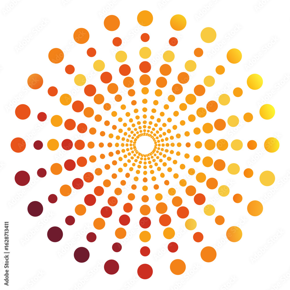 Poster radial pattern of colorful gradient dots emanating from the center isolated on white background isol