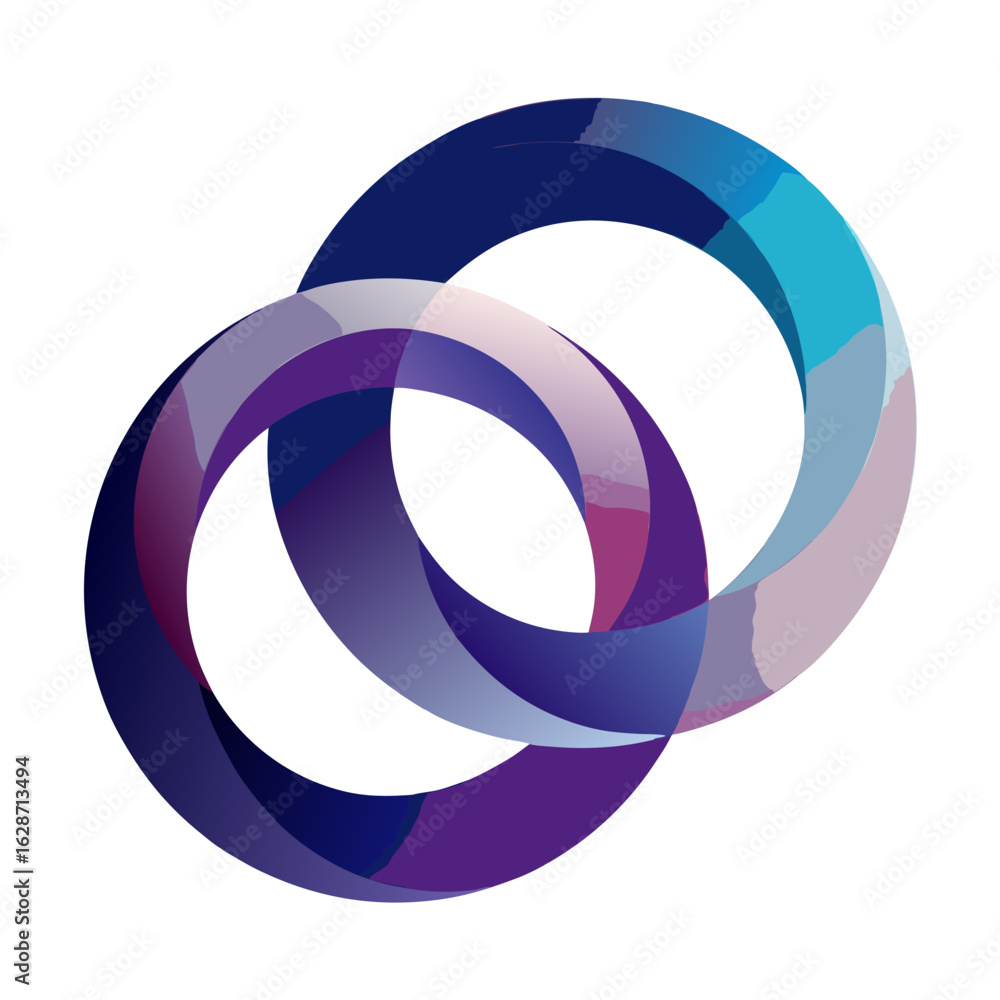 Poster abstract interlocking rings with a gradient of blue purple and pink colors forming a modern graphic 