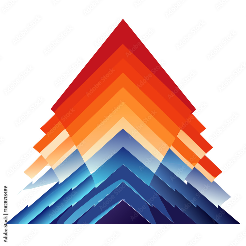 Poster abstract geometric layers forming upward pointing peaks in a gradient of warm and cool colors isolat