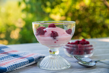 Raspberry ice cream on the table