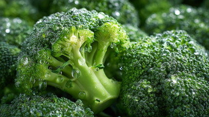 A close up of fresh broccoli florets covered in water droplets creating a vibrant green texture