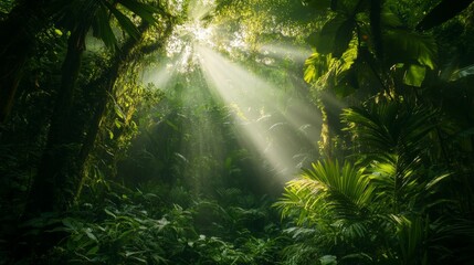 A lush tropical rainforest with sunlight filtering through dense green foliage 