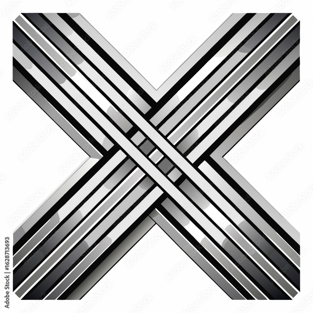 Poster abstract geometric letter x formed by intersecting metallic grey stripes with a gradient effect isol
