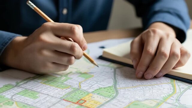 A person analyzing a detailed city map with a pencil focusing on a specific area while a notebook lies nearby indicating planning or research in a professional environment