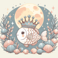 Artistic illustration of a fish with a crown as Pisces zodiac sign, whimsical mood, swimming against a pastel background