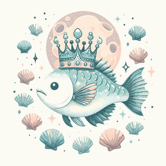 Vector of a fish with a crown as Pisces zodiac sign, whimsical mood, swimming against a pastel background