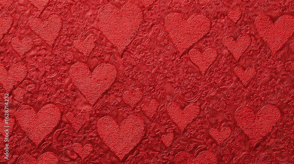 Poster a vibrant red background features a pattern of raised hearts in various sizes. the texture adds dept