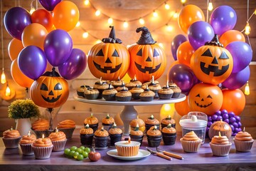 Festive halloween table display with jack olantern pumpkins, cupcakes, balloons and glowing lights