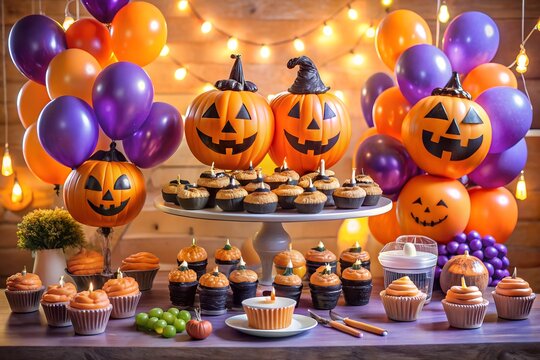 Festive halloween table display with jack olantern pumpkins, cupcakes, balloons and glowing lights
