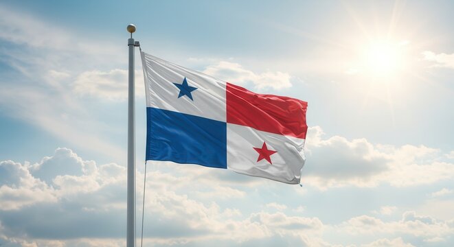 Panama National Flag Waving on Tall Flagpole in Sky with Clouds – Panama Independence Day Celebration, Patriotism, Freedom, Panama Culture & Heritage