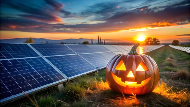 Halloween pumpkin in field with solar panels at sunset, promoting renewable energy and sustainability