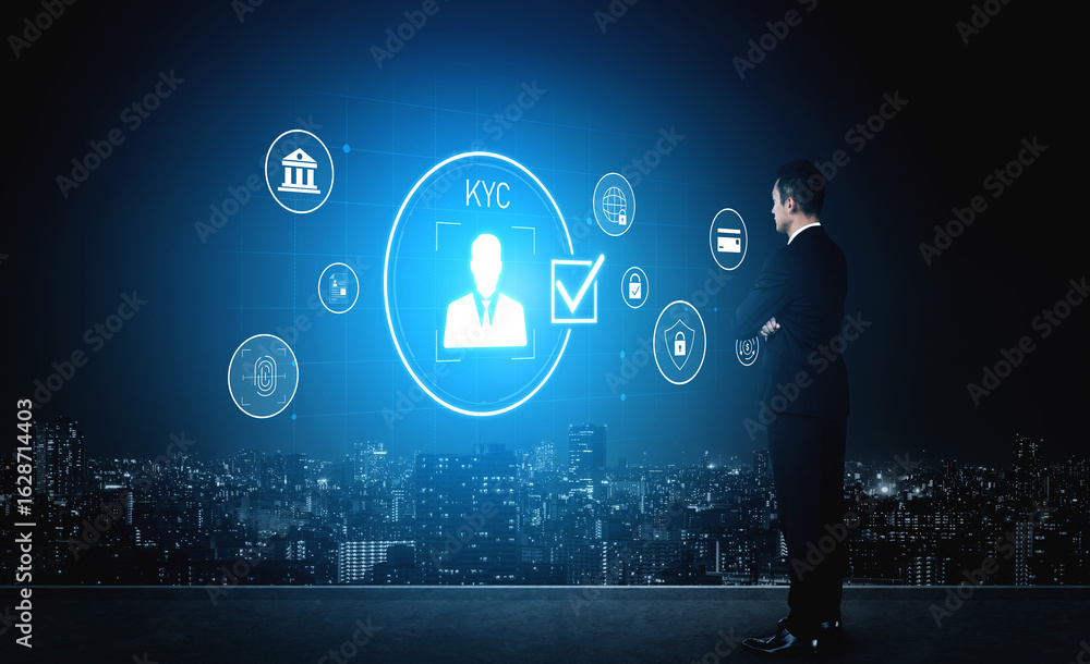 Aufkleber digital kyc verification with biometric scan, id authentication, and financial security icons repres