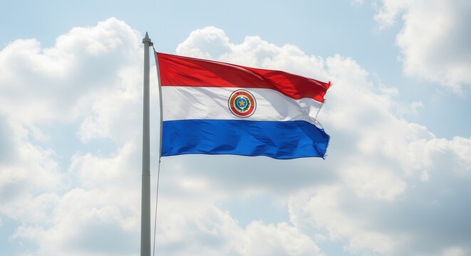 Paraguay National Flag Waving on Tall Flagpole in Sky with Clouds – Paraguay Independence Day Celebration, Patriotism, Freedom, Paraguay Culture & Heritage
