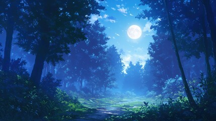 Lush forest path under a full moon.