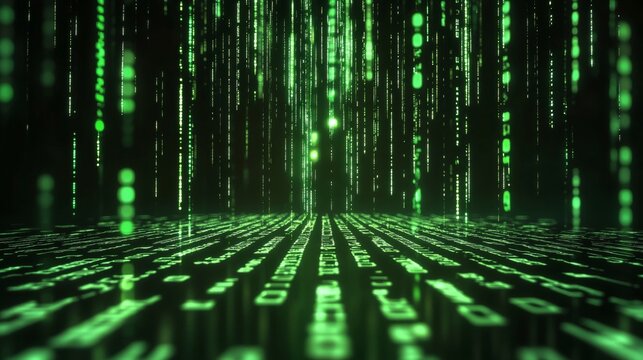 A neon green digital matrix code falling against a dark background