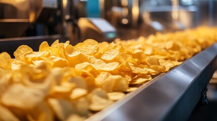 Potato chips moving on a conveyor belt in a food processing plant.