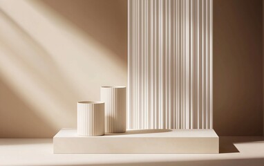 Minimalist Still Life with Fluted Cylinders and Shadow Play on Beige Backdrop