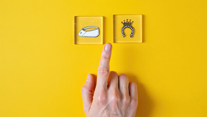 Choosing Between Two Transparent Squares with Shoe and Horseshoe Crown Icons on a Yellow Background Representing Decision Making and Symbolic Selection Process