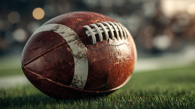 A close up of an american football sitting on green grass with a blurred background showing a stadium