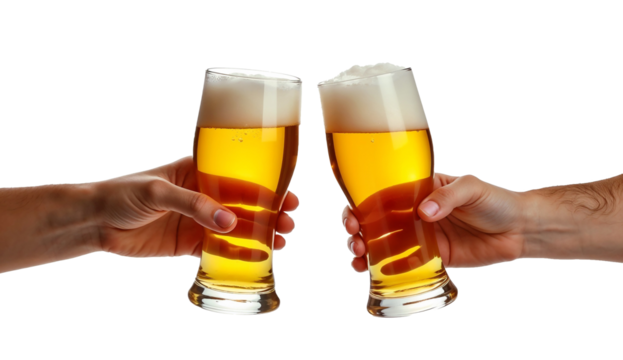 Two hand hold a glasses of beer toasting isolated on transparent background