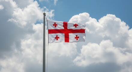 Georgia National Flag Waving on Tall Flagpole in Sky with Clouds – Georgia Independence Day Celebration, Patriotism, Freedom, GeorgiaCulture & Heritage