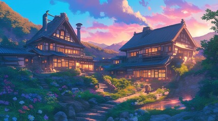 Obraz premium Serene traditional house nestled in a picturesque valley at sunset.