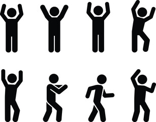 Stick figure dance poses, action movements, black silhouette icons, vector illustration, human activity, graphic design, minimal art