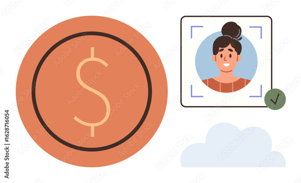 Poster dollar symbol alongside biometric profile verification interface, green checkmark, and cloud element
