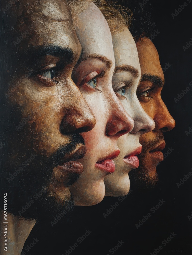 Aufkleber diverse faces unified vision five individuals from various ethnicities stand in profile their gazes 